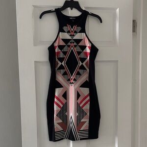 Express Black Geometric Bodycon Mini Dress with Pink and Cream Accents
